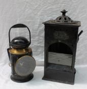 A G Polkey Ltd railway carriage lamp with burner, painted black with brass fittings,