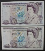 Two Bank of England Twenty Pounds Notes, J.S. Fforde, Chief Cashier, B318, A01 No.