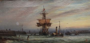 A J Cole A three masted ship entering a harbour Oil on canvas Signed 19 x 39.