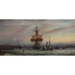 A J Cole A three masted ship entering a harbour Oil on canvas Signed 19 x 39.
