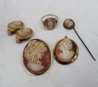 A cameo brooch, depicting a maiden in profile, together with cameo earrings,