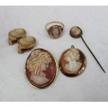 A cameo brooch, depicting a maiden in profile, together with cameo earrings,