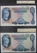 Two Bank of England Lion and Key Five Pounds Notes, L.K. O'Brien, Chief Cashier, B277, A41 No.