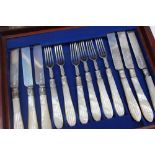 A Victorian silver and mother of pearl matched part fruit set, comprising six knives and six forks,