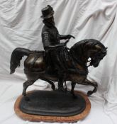 A bronze figure of a cavalier on horseback with a plume in his hat, a ruff, holding a scroll,