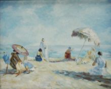 Bruno Lenoir Beach scene Oil on board label verso 19 x 24cm