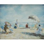 Bruno Lenoir Beach scene Oil on board label verso 19 x 24cm