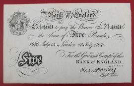 A Bank of England white Five Pounds note, "1920 July 13 London 13 July 1920" No. A36 71460, E.