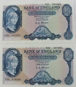 Two Bank of England Lion and Key Five Pounds Notes, L.K. O'Brien, Chief Cashier, B227, A06 No.