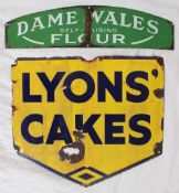 An enamel sign with blue text for "Lyons Cakes" on a blue edged yellow ground sign 45 x 39cm