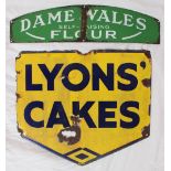 An enamel sign with blue text for "Lyons Cakes" on a blue edged yellow ground sign 45 x 39cm