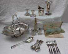 A George III silver cream jug, London, 1802, together with a silver vase, silver desk candlesticks,