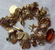 A 9ct yellow gold charm bracelet set with numerous charms including a canoe, tankard, key, elephant,