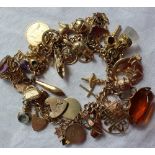 A 9ct yellow gold charm bracelet set with numerous charms including a canoe, tankard, key, elephant,