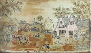 A 19th century silkwork picture of a Farm Yard with figures and animals, 15 x 25.