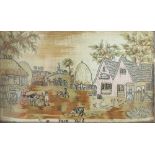 A 19th century silkwork picture of a Farm Yard with figures and animals, 15 x 25.