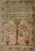 A Victorian sampler depicting Adam and Eve either side of the Tree of Life, with angels,