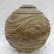 A large studio pottery vase, decorated with stylised landscape scenes, impressed mark,