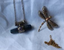 A 9ct three colour gold dragonfly pendant, together with a 9ct gold chain,
