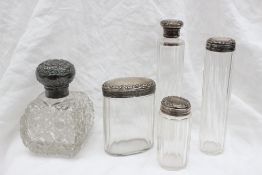 An Edward VII silver topped and hobnail cut glass dressing table scent bottle, Birmingham,