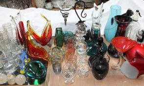 A Murano glass fish together with a large quantity of glasswares including decanters, vases, dishes,