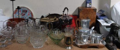 A shoe last together with glass vases and dishes, spear heads, electroplated kettle on stand,