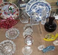 Assorted crystal animalia paper weights, other glasswares,