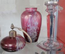 A Royal Brierley glass vase and scent bottle together with a glass candlestick
