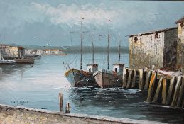 Morgan Ships in harbour Oil on canvas Signed