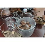 A W & T Avery scales together with weights, cooking pots, chrome wedding cake stands,