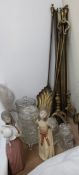 Two Lladro figures, together with glass bottles, brass fire irons,