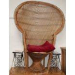 A wicker work peacock type chair together with a pair of tile top side tables