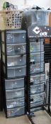Towers of bicycle accessories,