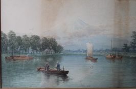 T H Watanabe Figures on a river with mount fuji in the background Watercolour Signed