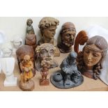 A sculpture of a seated figure by Ezzelina Jones, together with pottery portrait busts,