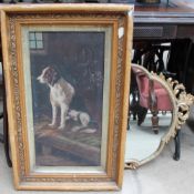 An oil painting of a hound in a stable together with two wall mirrors