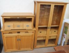 A 20th century oak display cabinet together with an oak side table and an oak television cabinet