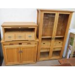 A 20th century oak display cabinet together with an oak side table and an oak television cabinet