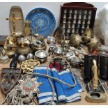 A cased display of thimbles together with assorted brass wares, flat iron stand,