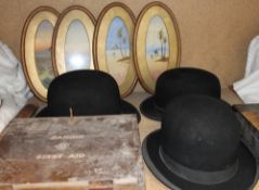 Three bowler hats together with a Sanoid first aid box,