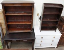 A 20th century desk together with two oak bookcases and a white painted dressing table