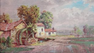 Raphael Jones Landscape with a watermill in the foreground Oil on board Initialled and label verso