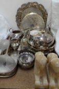 A silver three piece dressing table set together with assorted electroplated items including an