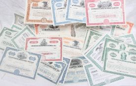 A collection of early 20th century share certificates including Tobacco Products Corporation,