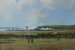 Michael J Coates A golfing scene with an industrial landscape in the background Gouache Signed 27 x