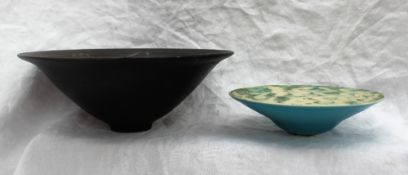 Studio pottery by Barbara Ineson - A pottery flared vase with blues and silvers to a black ground,