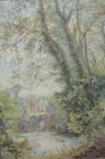 A E De Maine A river scene with ruins in the background Watercolour Signed 58 x 39cm