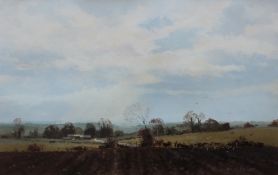 Roy Perry A Farmland scene Gouache Signed Century Galleries label verso 33 x 51.