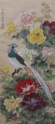 A Chinese silk panel painted with birds and flowers together with two other silkwork pictures and