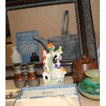 A Mdina glass vase, Staffordshire figure group, Stoneware ink pots, opera glasses, tobacco pot,